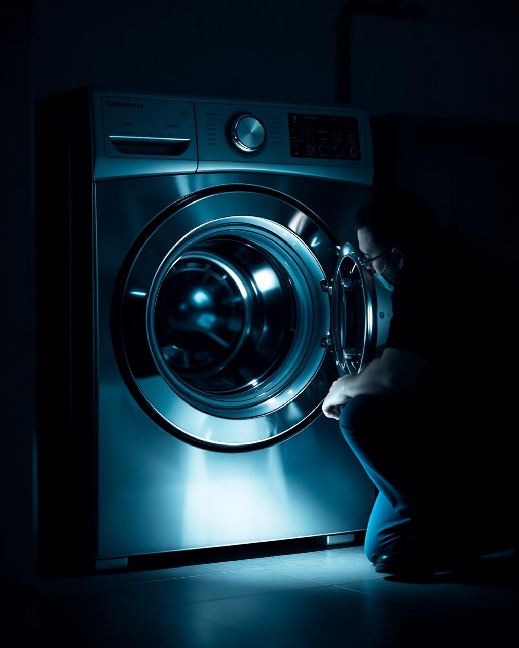 Appliance technician repairing a stainless front-load washing machine at night